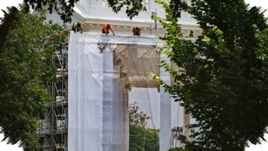 Trump’s White House Makeover Reaches the Columns, and the Scaffolding Is Now Impossible to Miss