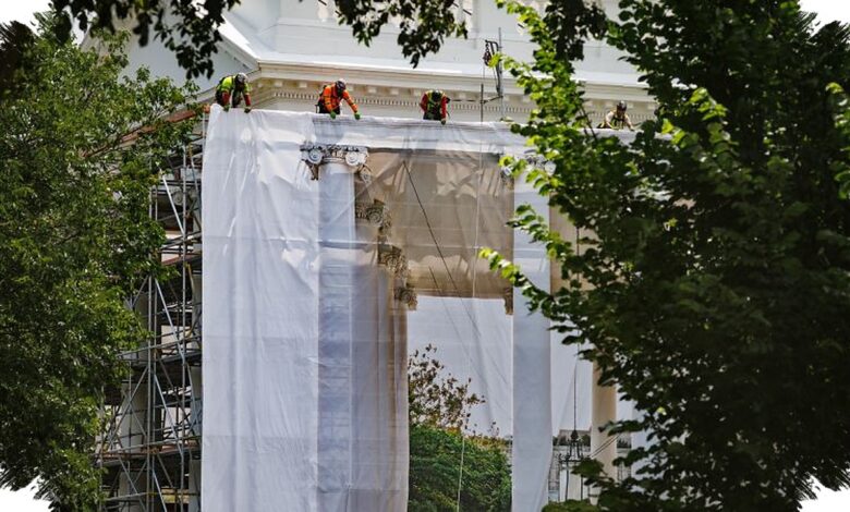 Trump’s White House Makeover Reaches the Columns, and the Scaffolding Is Now Impossible to Miss